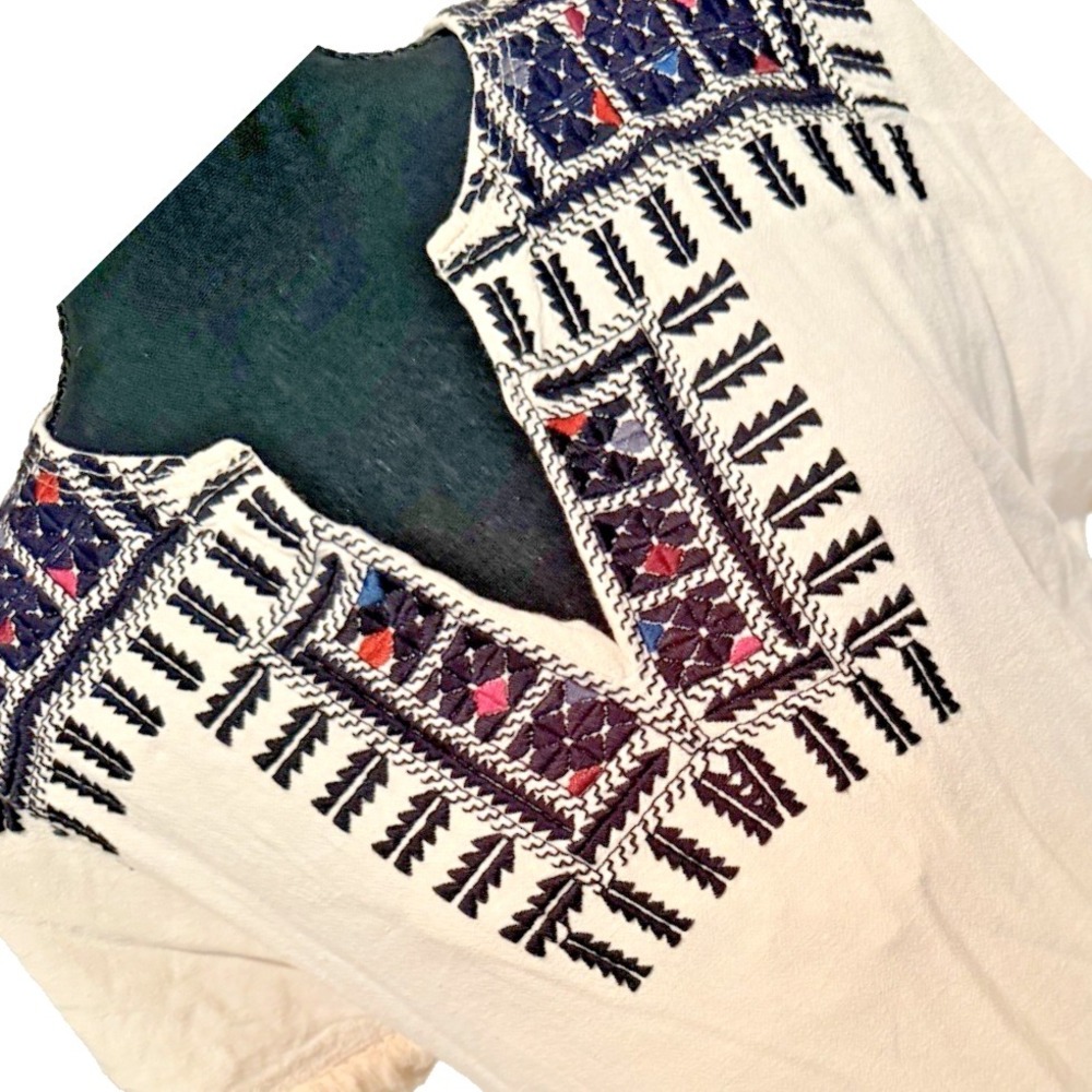 Madewell Paradise Dress Womens Stone 16 Peasant Aztec Embroidered Fringe Short